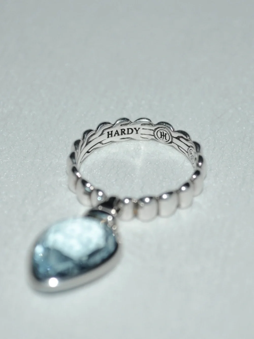 JOHN HARDY Batu Bedeg Sky Blue Topaz Teardrop Dangle Charm Ring Silver Size 7